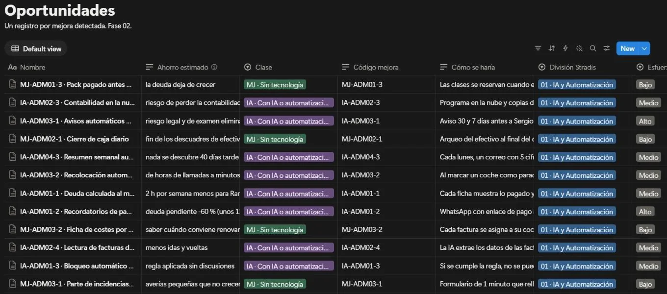 Base de datos de Notion con las mejoras: ID, ganancia, tipo, división y esfuerzo